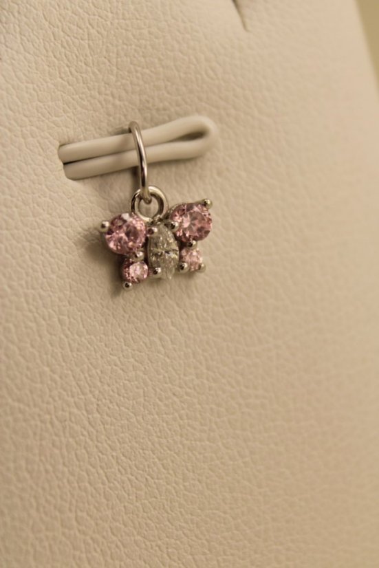 Prívesok- motýlik- číre-rúžové- zirkóny-biele zlato-14K
