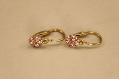 Náušnice-kvietky-rúžový zirkón- brizúra- žlté zlato- 14 karátov