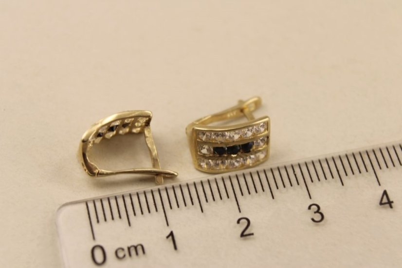 Náušnice -číre-čierne- zirkóny- francúzsky patent- žlté zlato- 14K
