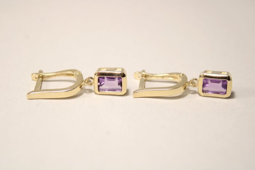 Náušnice- visiace- fialový zirkón- francúzsky patent- žlté zlato- 14 karátov