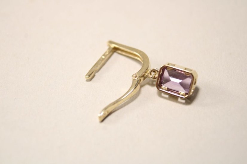 Náušnice- visiace- fialový zirkón- francúzsky patent- žlté zlato- 14 karátov
