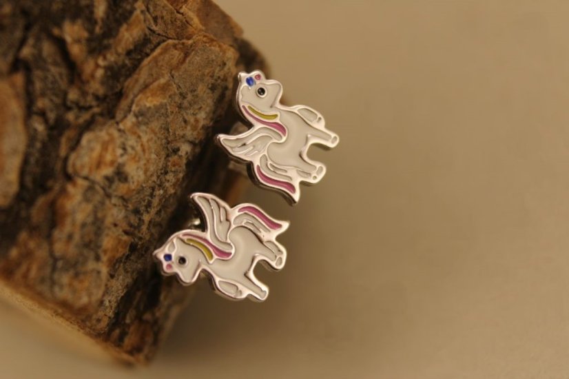 Náušnice- jednorožec- farebný smalt- puzetky- rhódiované striebro