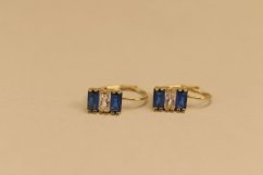 Náušnice - číre a modré zirkóny - patent - žlté zlato - 14K