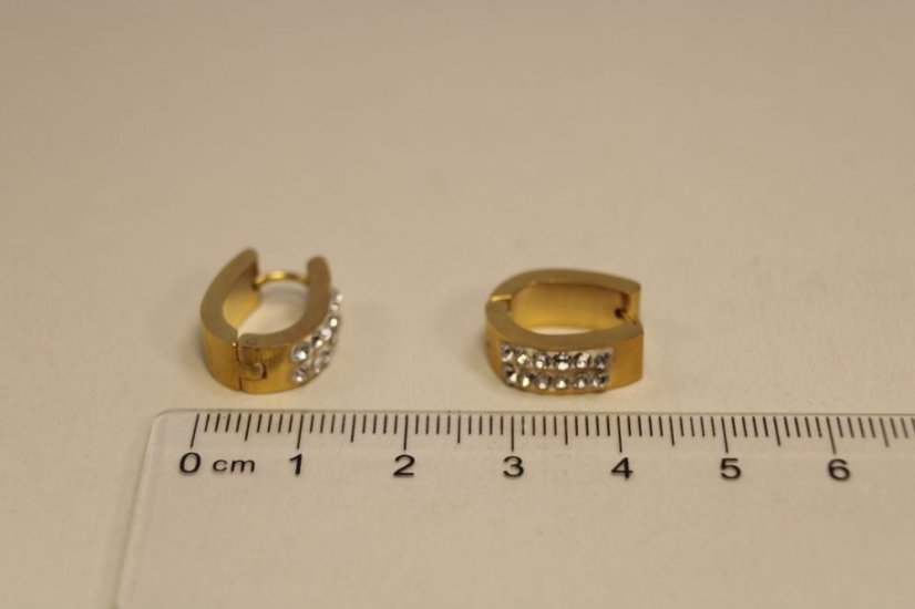 Oceľové oválne náušnice s čírymi zirkónmi, pozlátená chirurgická oceľ, 6,28g , 316L - Materiál: Pozlátená chirurgická oceľ, Druh kameňa: ZIRKÓN, Farba kameňa: Číry, Váha (g): 6,28, Rýdzosť: CH. OCEĽ 316L