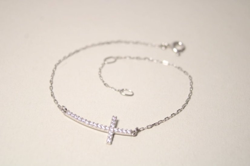 Náramok - biele zlato-krížik-číre zirkóny-14 karátov