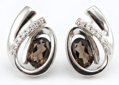 Náušnice-hnedo-šedý kremeň- číre zirkóny-rhodium-puzetky-striebro