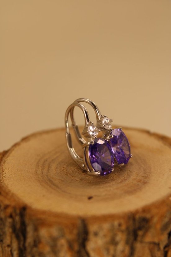 Náušnice-fialový kameň-patent-rhodium-striebro