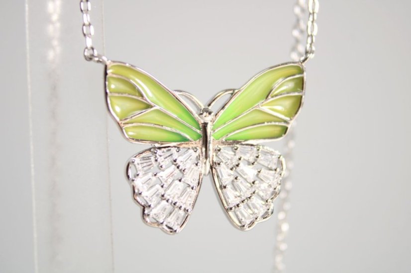 Retiazka-motýľ- číre zirkóny- farebný smalt-rhodium-striebro