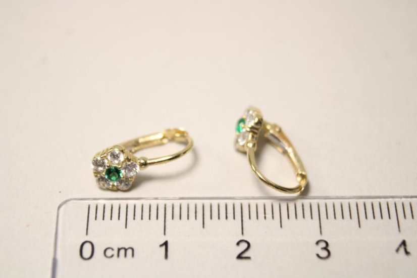 Zlaté náušnice so zeleným zirkónom, žlté zlato, klasické zapínanie, číre zirkóny, 1,49 g, 14k 585/1000