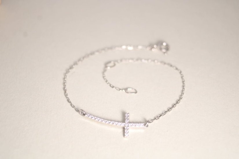 Náramok - biele zlato-krížik-číre zirkóny-14 karátov