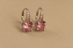 Náušnice- ružový kameň-číre zirkóny- patent- rhódiované striebro