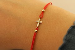 Šnúrkový náramok - Kríž so zirkónmi - Žlté zlato - 14k