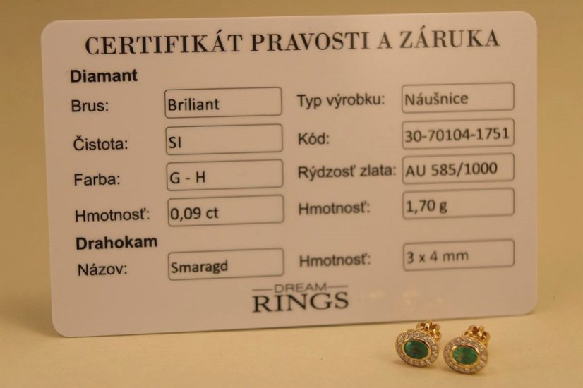 Smaragdové - diamantové náušnice - žlté zlato - diamanty 0,09 ct - šrúbky - 14K