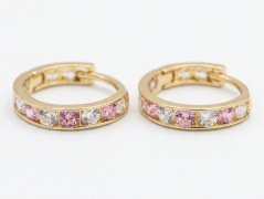 Náušnice - krúžky - číre/rúžové zirkóny - zacvakávacie - žlté zlato - 14K