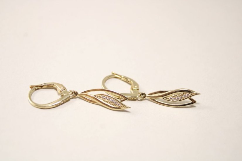 Zlaté visiace náušnice listy, číre zirkóny, žlté zlato, patentové zapínanie, 1,95 g, 14K, 585/1000