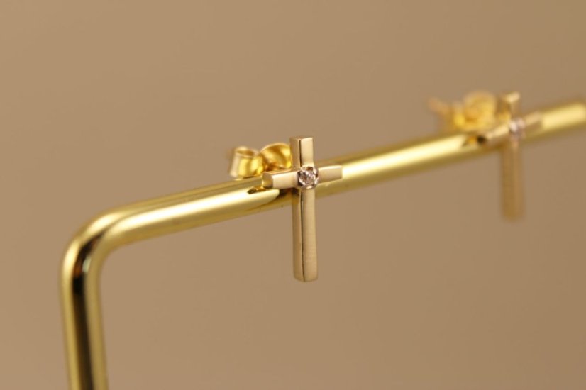 Náušnice- kríž- číry zirkón- napichovačky- žlté zlato- 14 karátov
