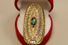 Prsteň-grécky vzor-zelený kameň-viacfarebné zlato-14 karátov