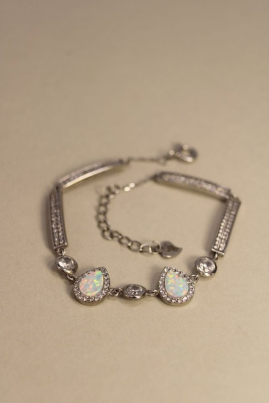 Strieborný náramok zdobený bielym opálom a čírymi zirkónmi, rhodium, 16-19,5 cm, 5,35g, 925/1000