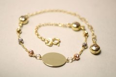 Zlatý retiazkový zdobený náramok s platničkou, guličky, viacfarebné zlato, číre zirkóny, 17cm, 2,93 g,14K, 585/1000