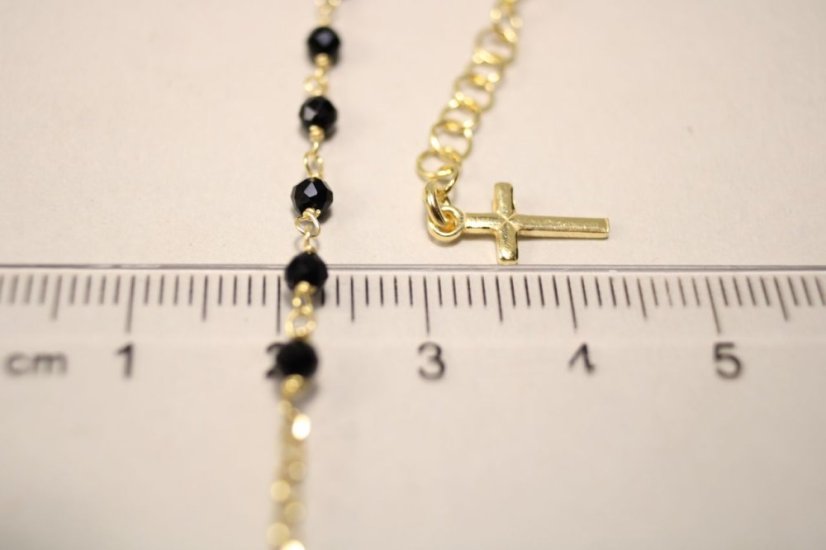 Pozlátený ružencový náramok s ónyxovými guličkami, 17-20cm, 2,79g, 925/1000 - Materiál: Pozlátené striebro, Druh kameňa: ONYX, Farba kameňa: Čierny, Dĺžka náramku (cm): 17 + 3, Váha (g): 2,79, Rýdzosť: STRIEBRO 925/1000