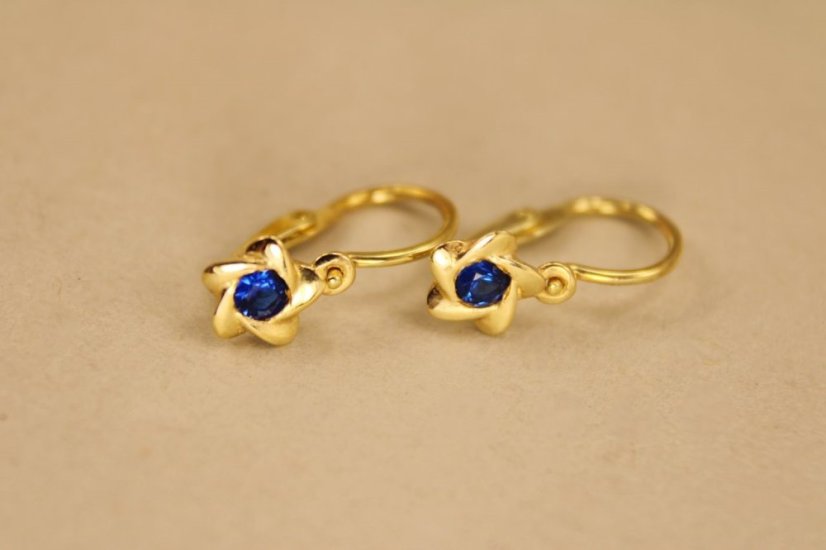 Detské náušnice -kvietky-modrý zirkón-žlté zlato-brizúra-14 karátov
