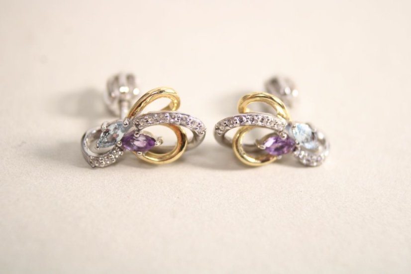 Náušnice-Topásom-Ametyst-číre zirkóny- rhodium-šrubky-kombinované striebro