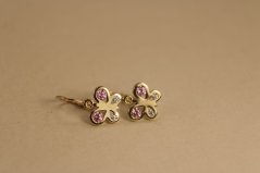 Náušnice - motýľ - číre/rúžové zirkóny - žlté zlato - brizúra -14 karátov