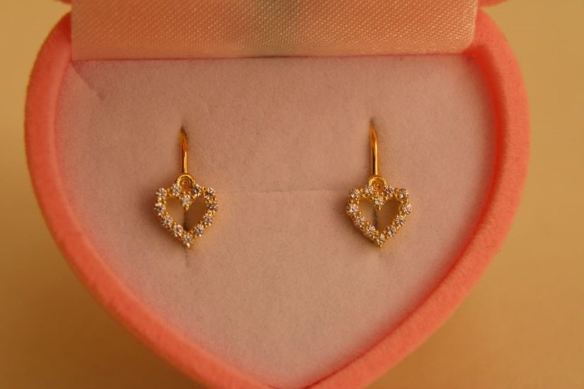 Náušnice- srdiečka- číry zirkón- brizúra- žlté zlato-14 karátov