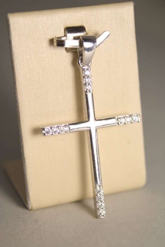 Strieborný prívesok krížik, číre okrúhle zirkóny na cípoch, rhodium, 1,84 g, 925/1000