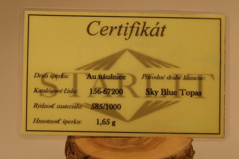 Náušnice- modrý Topás- patent- žlté zlato- 14 karátov