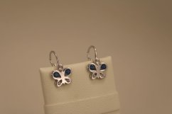 Náušnice - motýľ - číre/modré zirkóny - biele zlato - brizúra -14 karátov