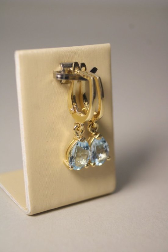 Zlaté náušnice so svetlo modrými topásmi, žlté zlato, francúzsky patent, 2,84 g, 14K 585/1000