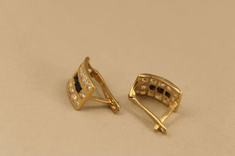Náušnice -číre-čierne- zirkóny- francúzsky patent- žlté zlato- 14K