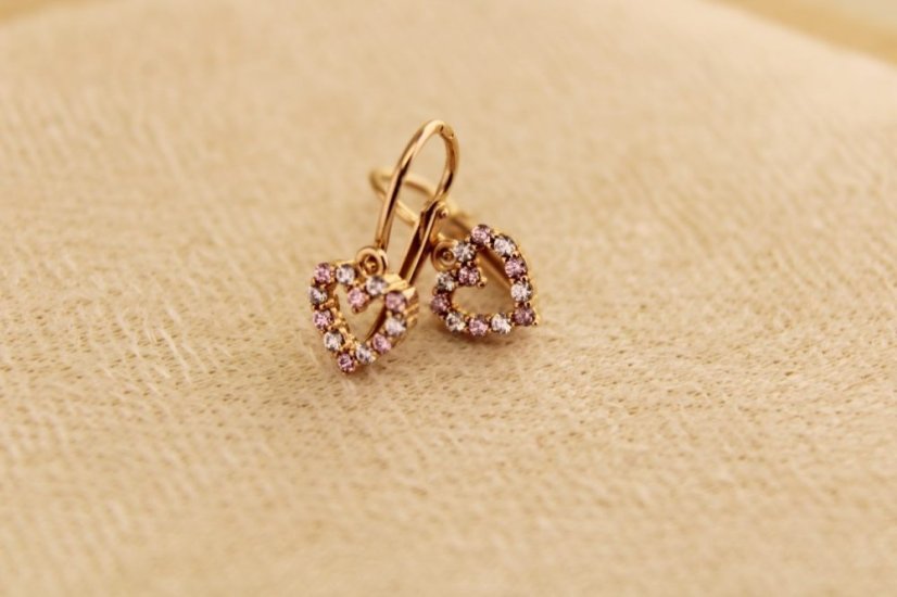 Zlaté náušnice - Novorodenecké - Zirkónové srdiečko - 14k - Ružové zlato