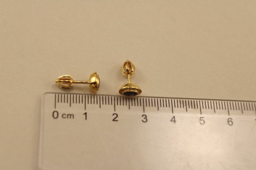 Zafírové - diamantové náušnice - žlté zlato - diamanty 0,10 ct - šrúbky -14K
