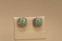 Náušnice - svetlo-zelený opál - číre zirkóny - štvorec - puzetky - rhodiované striebro