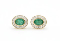 Smaragdové - diamantové náušnice - žlté zlato - diamanty 0,09 ct - šrúbky - 14K