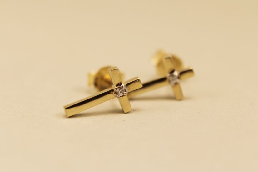 Náušnice- kríž- číry zirkón- napichovačky- žlté zlato- 14 karátov