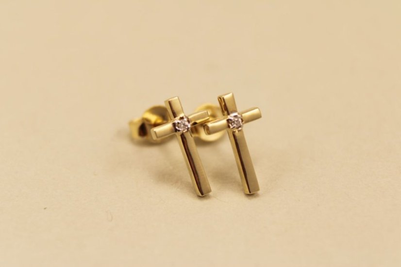 Náušnice- kríž- číry zirkón- napichovačky- žlté zlato- 14 karátov