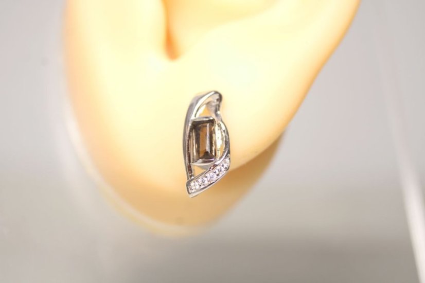 Náušnice-hnedo-šedý kremeň-číre zirkóny-rhodium-puzetky-striebro