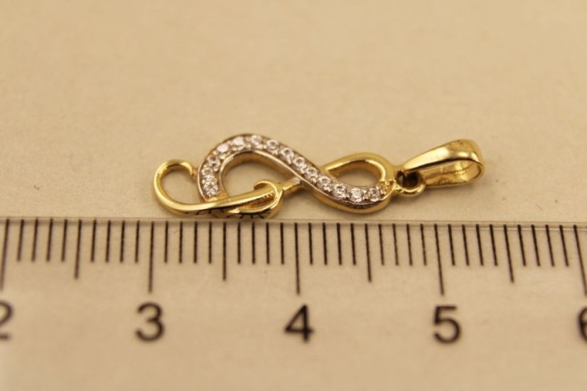 Zlatý prívesok husľový kľúč, žlté zlato a číre zirkóny, 0,78g 14k 585/1000