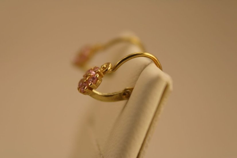 Náušnice-kvietky-rúžový zirkón- brizúra- žlté zlato- 14 karátov