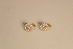 Detské náušnice-v tvare kvetov-ružový- biele zirkóny-francúzsky patent- žlté zlato- 14 karátov