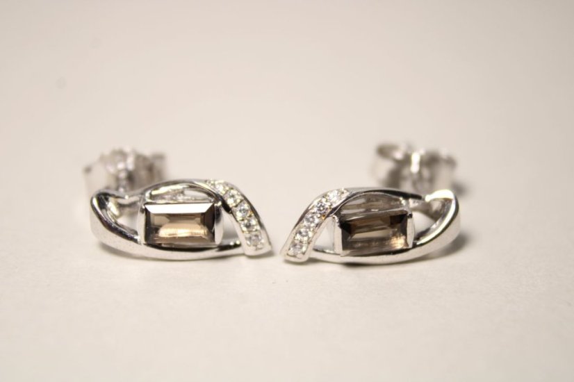 Náušnice-hnedo-šedý kremeň-číre zirkóny-rhodium-puzetky-striebro