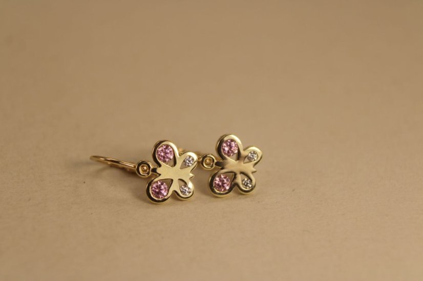 Náušnice - motýľ - číre/rúžové zirkóny - žlté zlato - brizúra -14 karátov