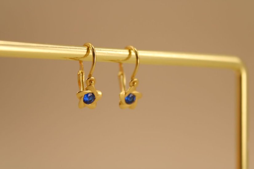 Detské náušnice -kvietky-modrý zirkón-žlté zlato-brizúra-14 karátov