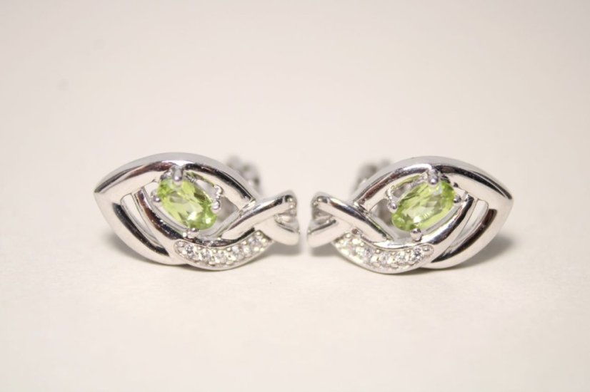 Strieborné náušnice s olivínmi a zirkónmi, rhodium, šrúbovačky, 3,33 g, 925/1000