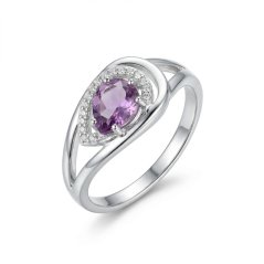 Prsteň - fialový Ametyst - číre zirkóny - rhodium - striebro
