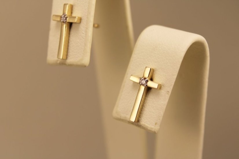 Náušnice- kríž- číry zirkón- napichovačky- žlté zlato- 14 karátov