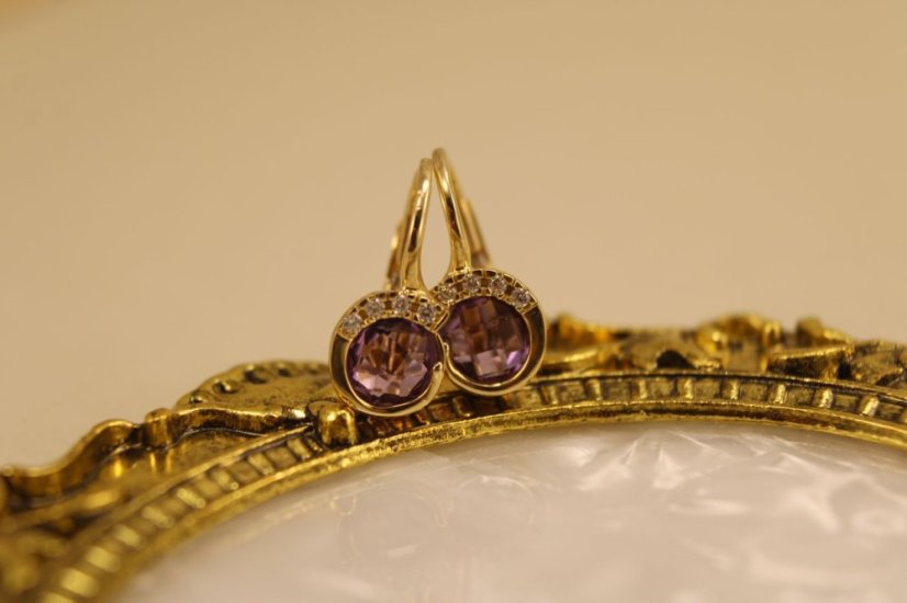 Náušnice - fialový Ametyst - číre zirkóny - patent - žlté zlato - 14K